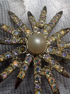 Emmons Gold-Tone Starburst Brooch with Faux Pearl and Iridescent Crystals